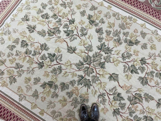 Aubusson Needlepoint Rug 9x12, Flatweave Carpet, Leaves, Wool, New, Handmade