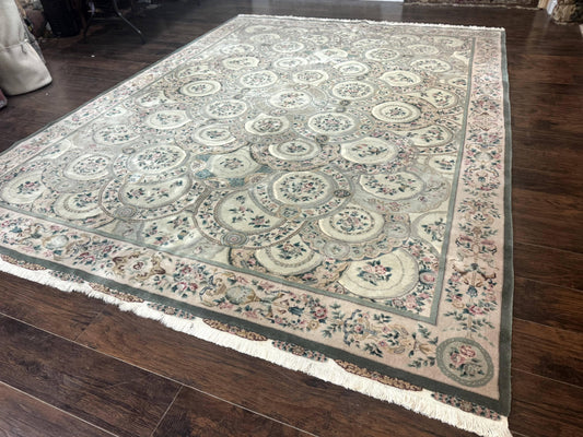 Pak Persian Rug 9x12, Wool with Silk Highlights, European Design, Floral, Green