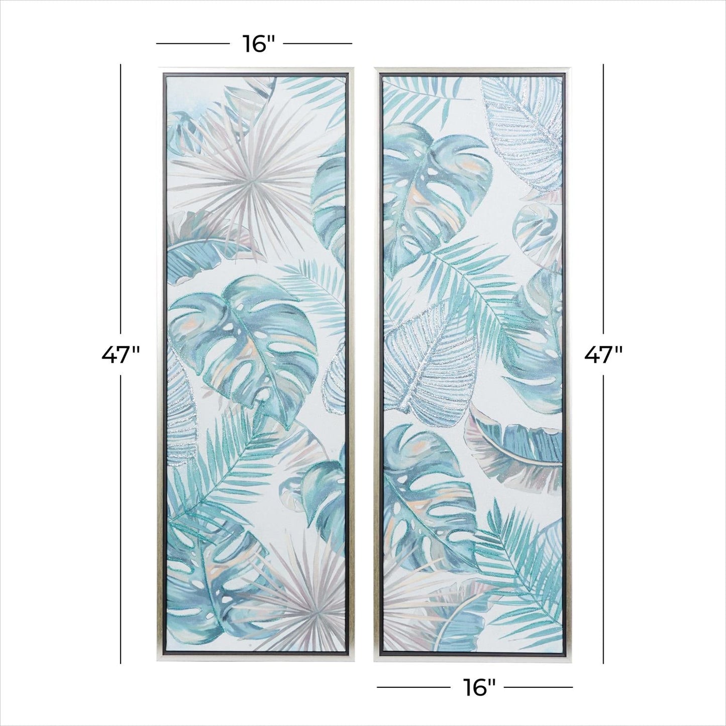 Blue Canvas Leaf Tropical Framed Wall Art with Silver Frame, Set of 2