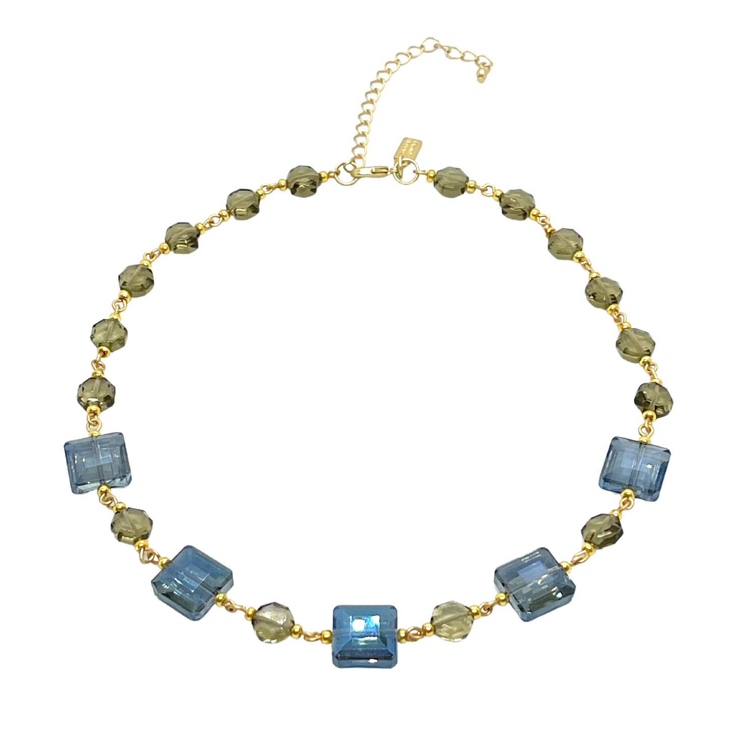 Blue Square Crystal and Smoke Topaz Link Necklace