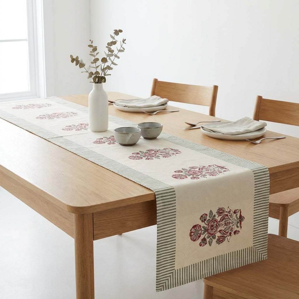 Burgundy Garden Hand-Block Printed Table Linen Set – 13 Piece