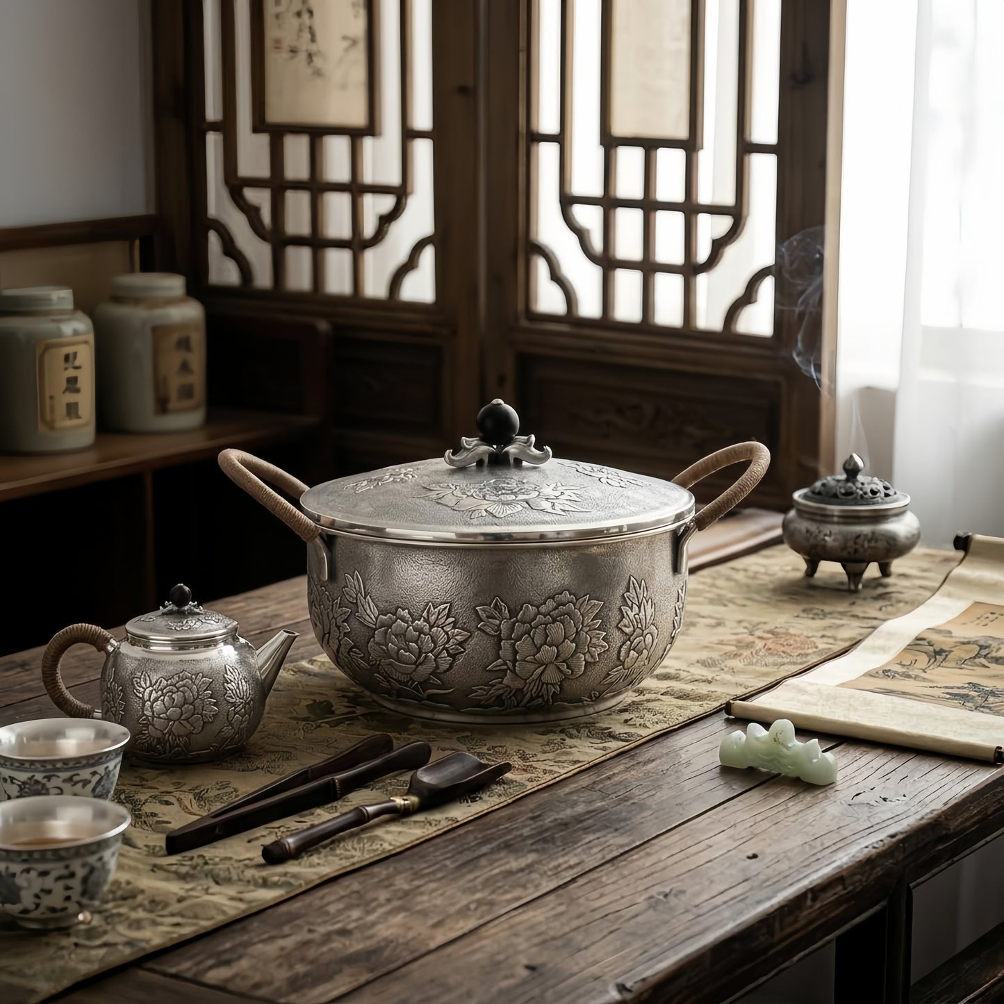 925 Sterling Silver Elegant Handcrafted Serving Pot with Floral Motifs and Wooden Handles-Premium Hot Pot - Handicraft