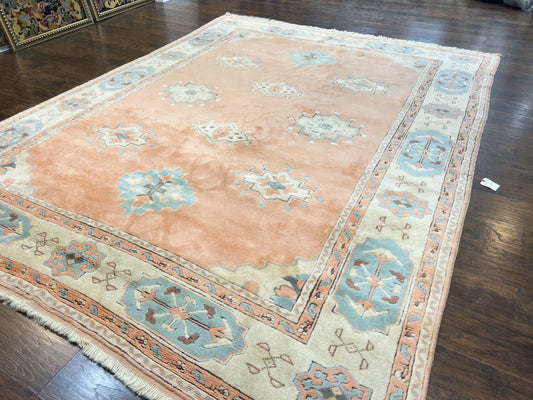 Turkish Oushak Rug 9x12, Wool Hand Knotted Vintage Carpet, Peach Cream Light Blue Room Sized Oriental Rug
