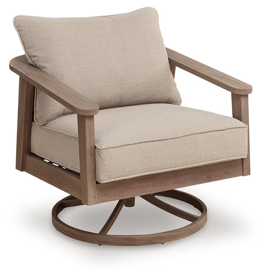 Beige cushioned chair with wooden frame on a white background