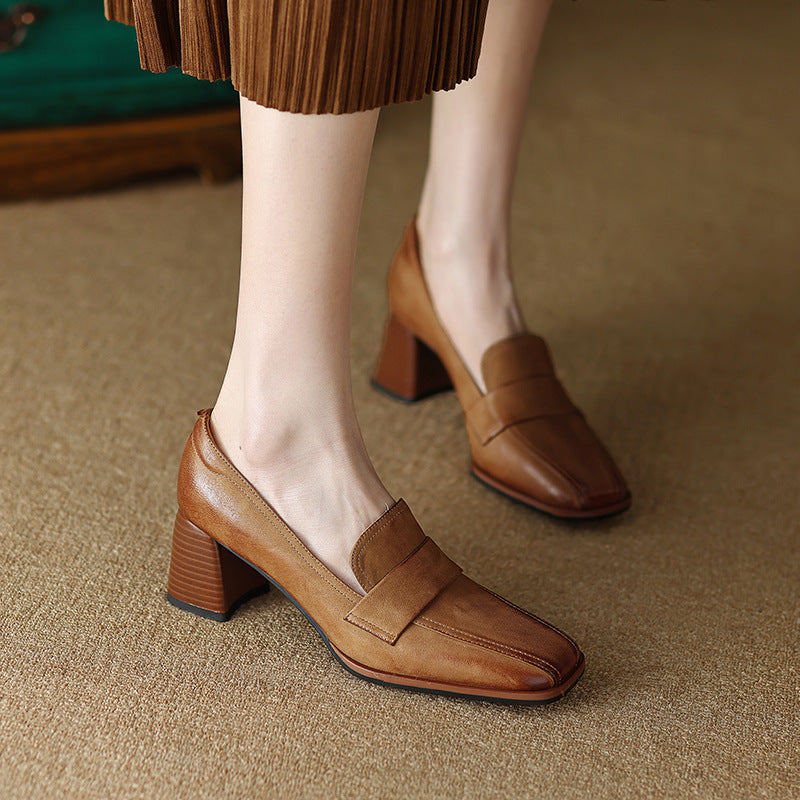 Women's Square Toe Chunky Heel Shoes – Sheepskin Upper, Retro Dress Heels in Blue & Apricot