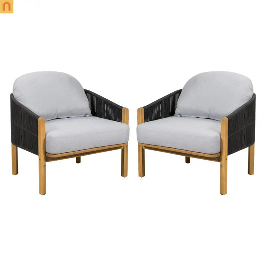 Outdoor Club Chair Acacia Wood Rope Woven Gray Cushion Set of 2