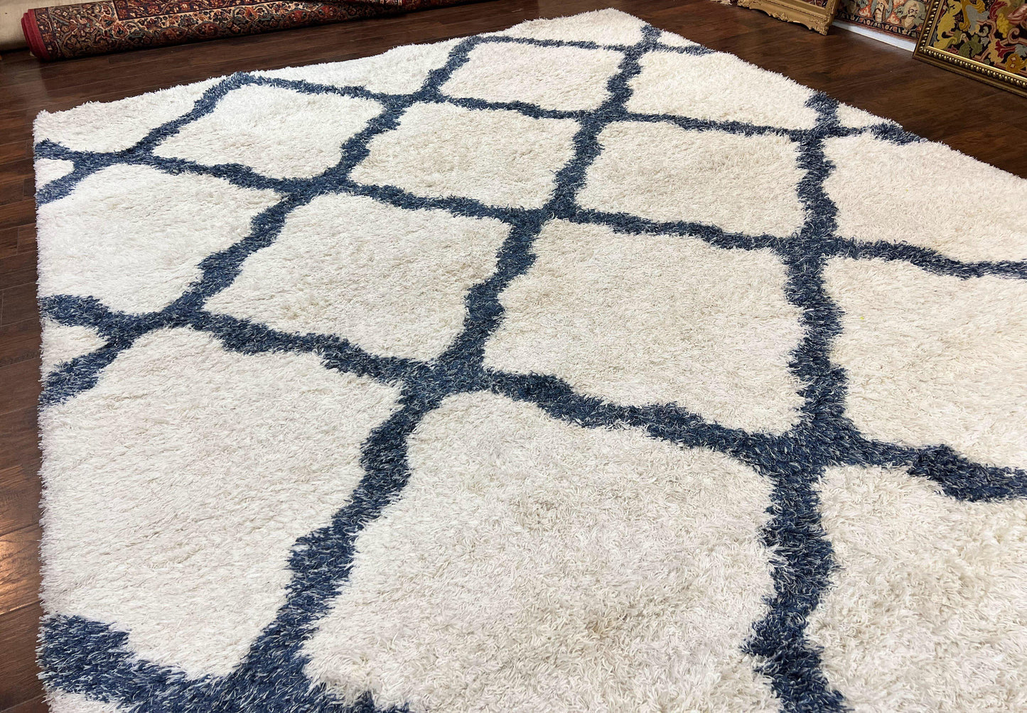 Modern Shag Rug 9x12, Ivory and Dark Blue, Diamond Pattern, Soft, Room Sized, Contemporary Rug, Plush