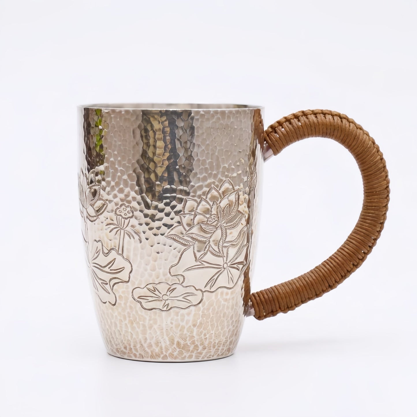 Pure 999 Fine Silver Hammered Silver Mug with Hand-Engraved Lotus Designs and Woven Handle - Handicraft