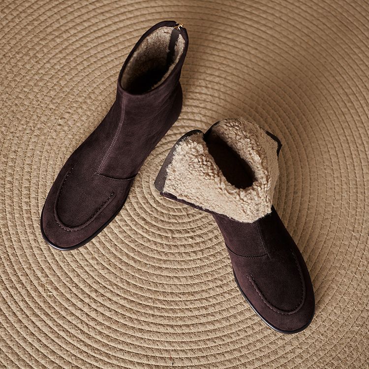 Women's Fleece-Lined Suede Ankle Boots - Warm Winter Low Heel Round Toe Boots