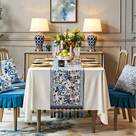 The Indigo Current: Modern Blue & White Table Runner
