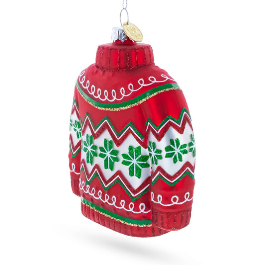 Holiday Knit Sweater with Snowflake Pattern Glass Christmas Ornament