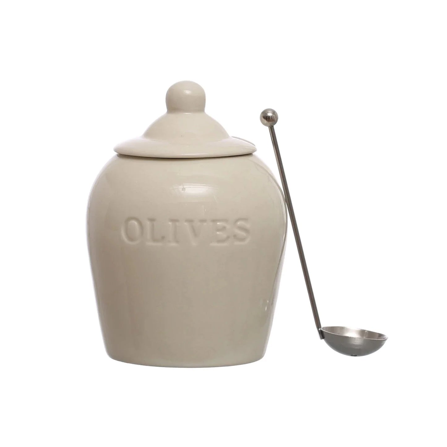 The Capri Debossed Stoneware Artisanal Olive Jars with Slotted Spoon – Set of 2