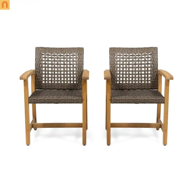 Dining Chair Set Rattan Acacia Wood Curved Back Brown for Two People
