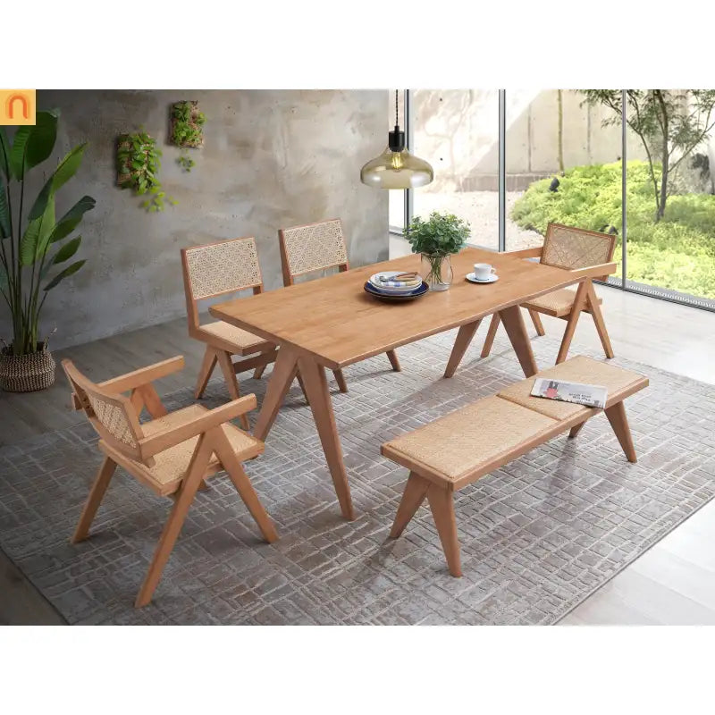 Dining Chair Set Rattan Natural Finish 5pc Outdoor Weatherproof Table Chairs