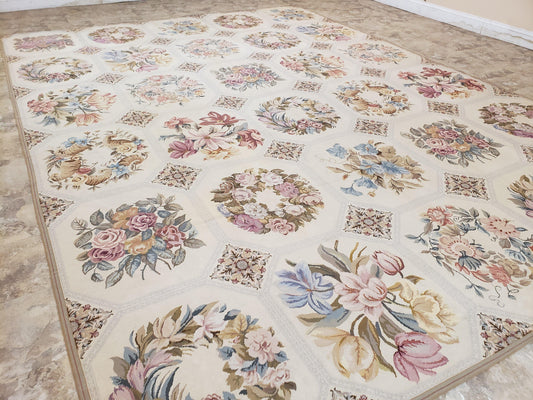 Needlepoint Rug 10x13 Vintage Carpet, Floral Panel Design, Beige, Multicolor Flowers, Handmade Hand Woven, Flatweave, No Pile, Wool
