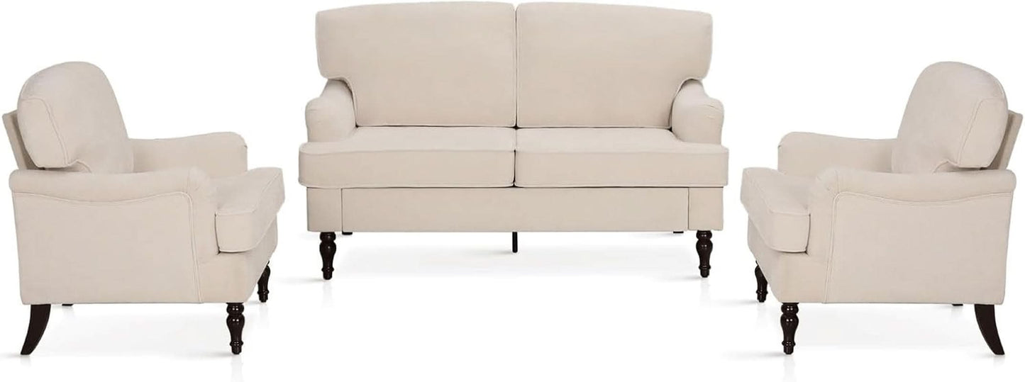 Three Piece Living Room Furniture Set With Linen Fabric Loveseat And Two Accent Chairs Off White