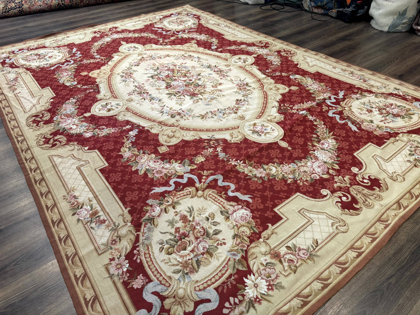 Aubusson Rug 8x11, Needlepoint Carpet, Red Ivory Beige, Vintage, French European Design