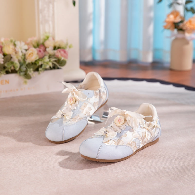 Women's Bow Detail Flat Shoes | Embroidered Fabric Round-Toe Slip-On