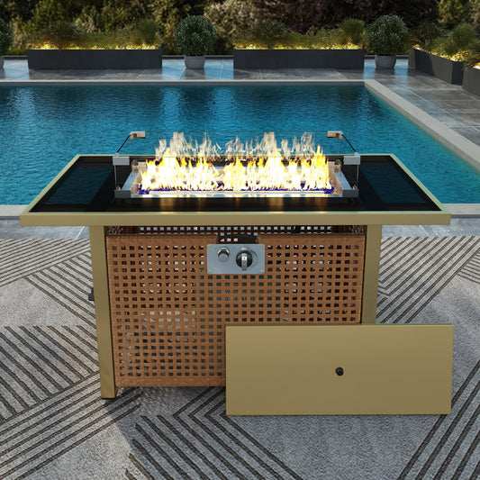 K&K 43' Rattan, Steel and Glass Propane Gas Fire Pit Table
