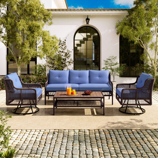 Blue Wicker Outdoor Patio Conversation Set with Swivel Chairs – 4 Piece Seating Collection