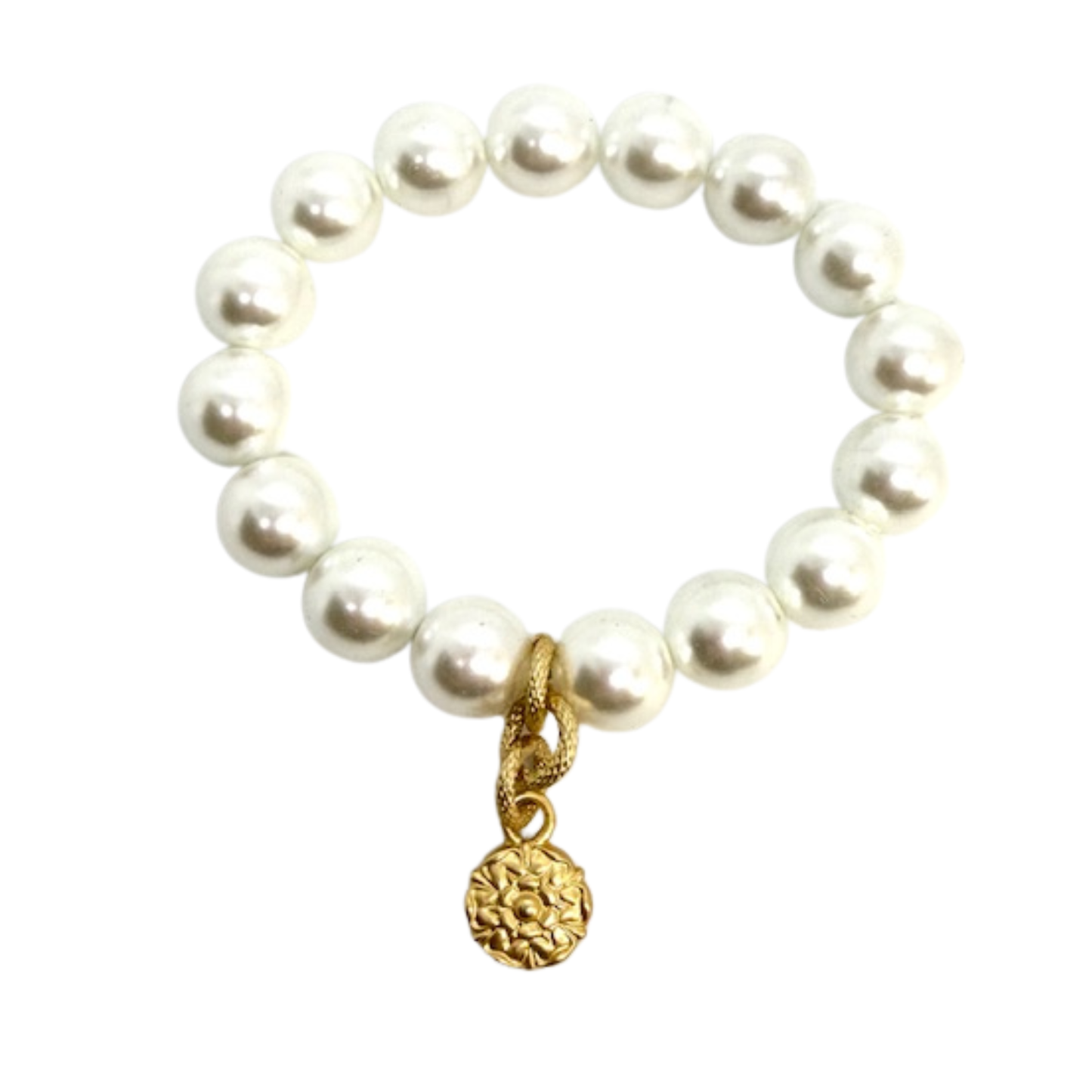 White Pearl Stretch Bracelet With Matte Gold Flower Charm