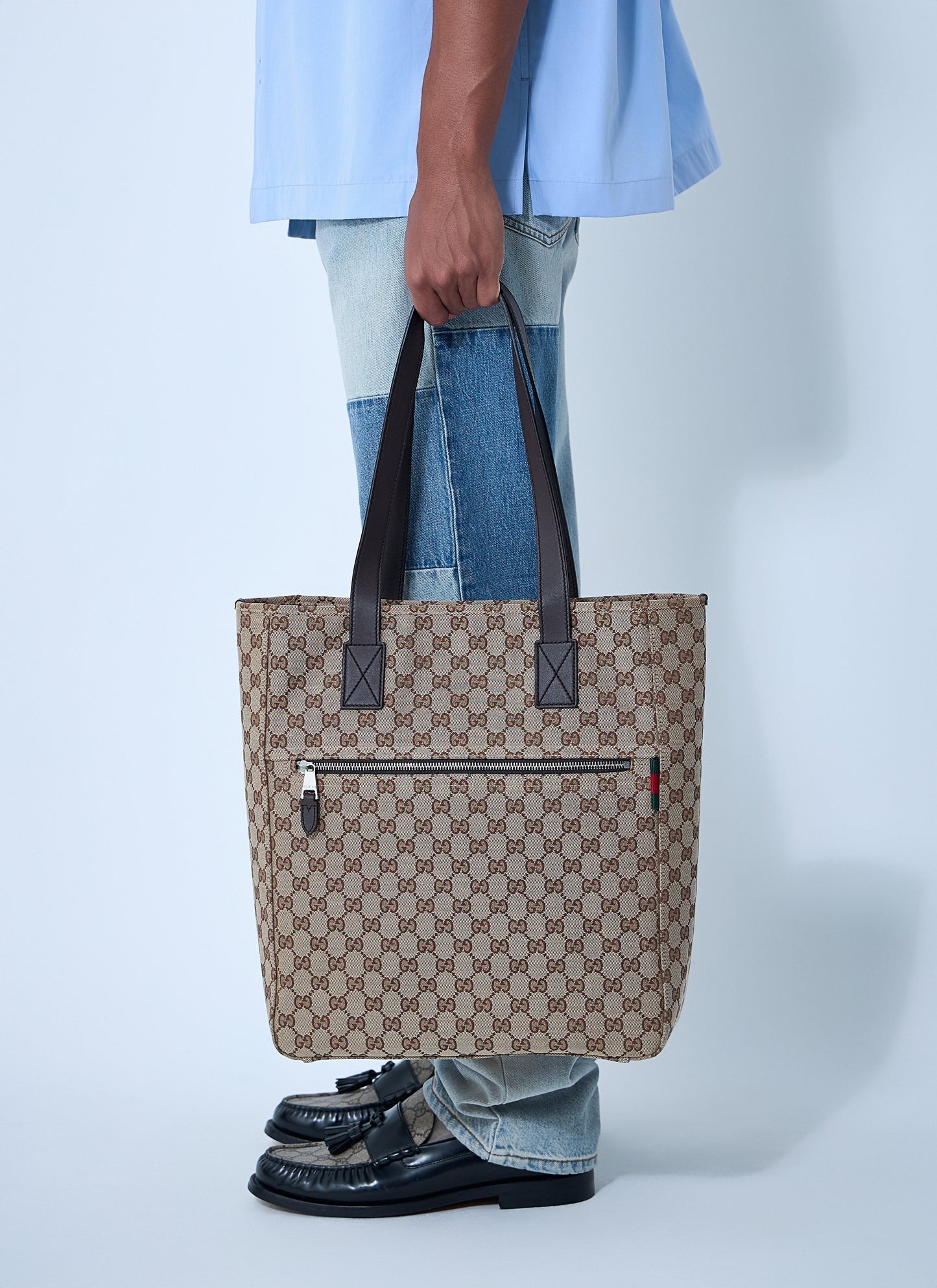 Gucci Medium GG Canvas Tote Bag with Leather Trim