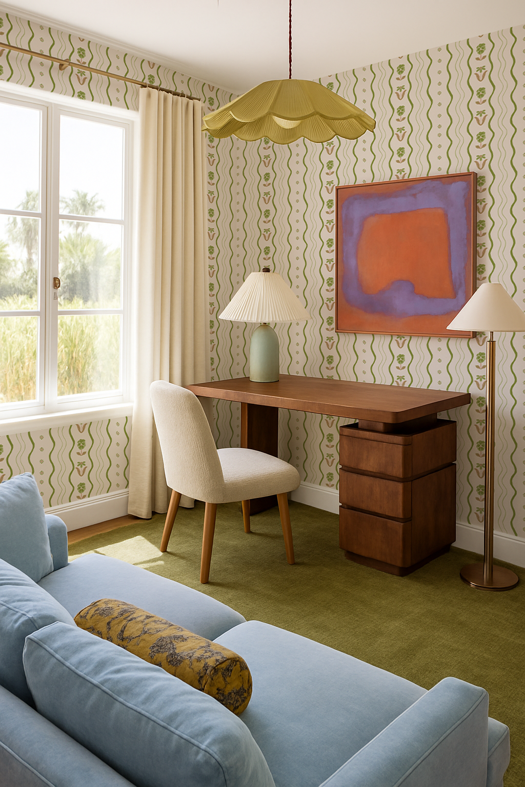 Posy Lane Stripe Wallpaper, beige and green