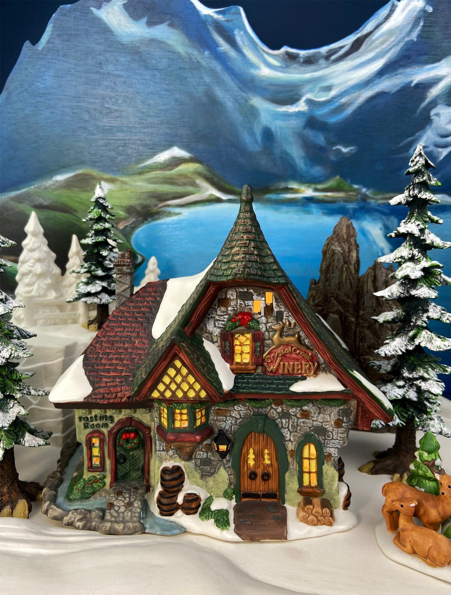 Illuminated Aldeburgh Music Box Shop. Celebrating Music. Christmas Village Porcelain House and Built-in Music Box. Dickens' Village Series.
