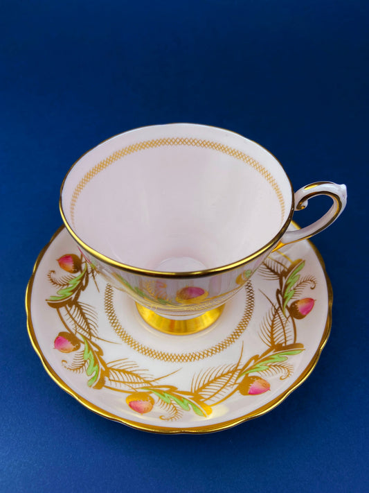 Vintage Tuscan Fine Bone China Tea Cup and Saucer: Pink Acorn Motif