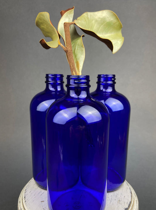 Vintage Glass Apothecary Bottles with Stoppers. Cobalt Blue Collectible For Home, Cafe or Store Display.