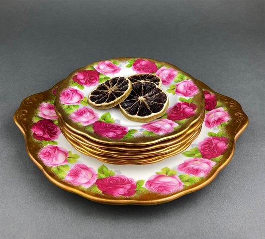 Royal Albert Set of Six Dessert Plates and One Serving Plate with Old English Rose Pattern. Made in England.