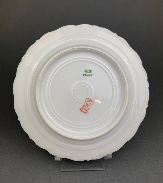Limoges Elite Set of Five Bread, Salad, 8.75 inch Plates with Pink Roses and Scalloped Rim. Antique Limoges Dishes.