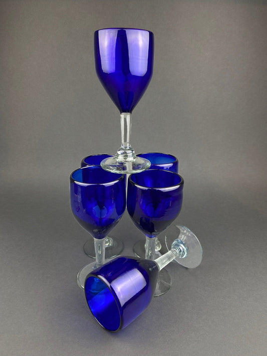 Cobalt Blue Hand Blown Stemware. Set of Six Heavy Spanish/Mexican Style Stemed Glasses. Primitive Drinkware. Stylish Barware.