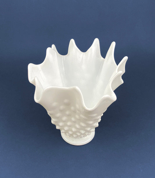 Vintage Milk Glass Splash Vase. Hobnail Vase with Pinched Edge for Growing Ivy. Wedding or Home Decor.