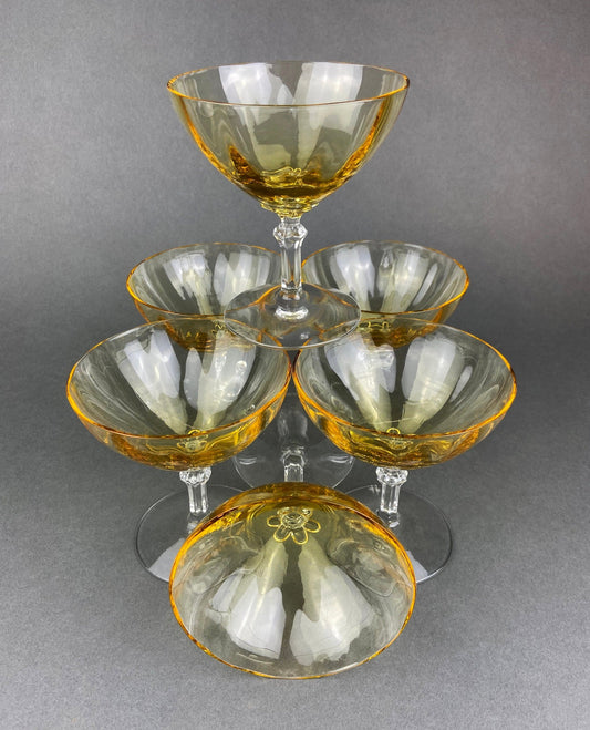 Vintage Fostoria Crystal Topaz Champagne Glasses. Light Yellow Depression Glass Low Sherbet Stemware. Gold Footed Glasses. Set of Six.