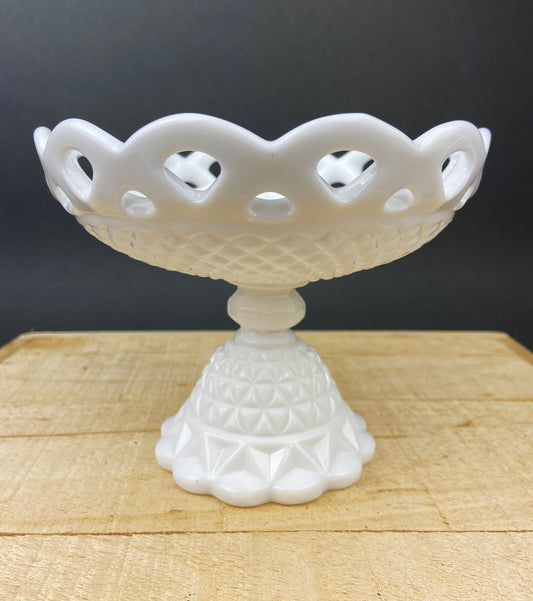 Vintage Milk Glass Compote or Footed Bowl. White Glass Candy Dish. Trinket Dish. Waffle Pattern with Scalloped Reticulated Edge.