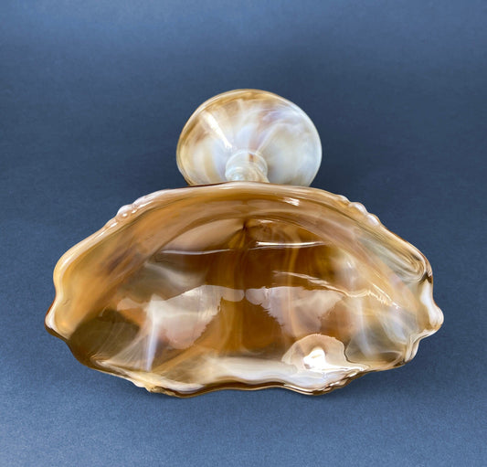 Vintage Slag Glass Footed Bowl. Brown and White Marbled Compote with Floral Base. Candy or Trinket Dish.