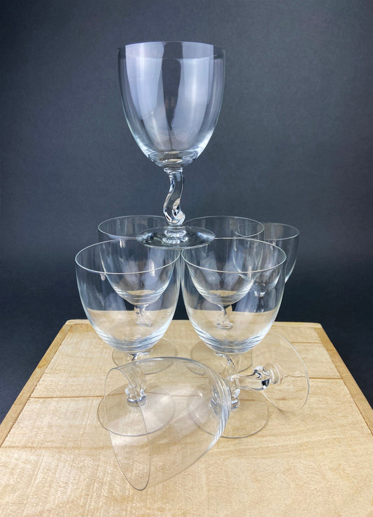 Fostoria Contour Clear Crystal Goblets with S-Shaped Stem. Set of Seven Water or Juice Stemware. Luxurious Barware. Gift for Him.