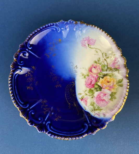 Cobalt Blue Plates with Hand-Painted Roses. Set of Five Antique Royal Bavarian Dessert Serving Plates. Cottagecore. Housewares.