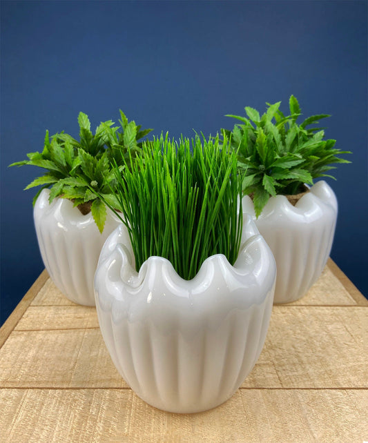 Milk Glass Planters or Vases. Vintage White Flower Pots with Ribbed Patterns and Pinched Rims. Set of Three. Window Sill Herbal Garden.