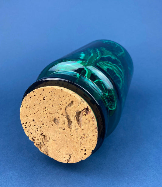 Green Glass Storage Jar with Dried Orange Slices. Large, Deep Green Glass Canister with Cork Lid. Countertop Container.