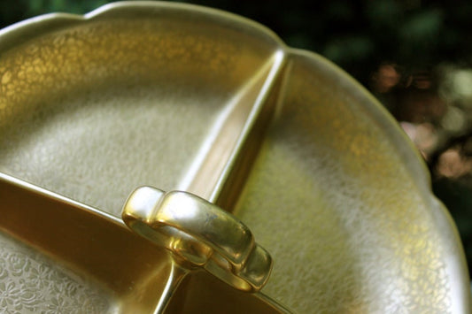 Pickard Divided Bowl with Embossed Rose and Daisy Pattern Over 24 Karat Gold