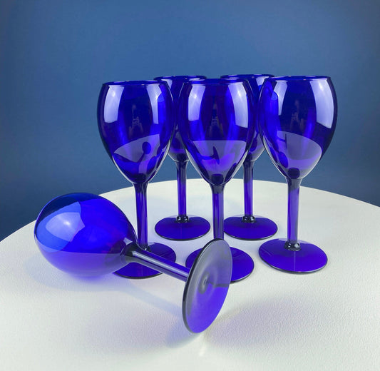 Cobalt Blue Wine Glasses. Set of Six Stemware. Dark Blue Modern Glasses. Holiday Celebration.