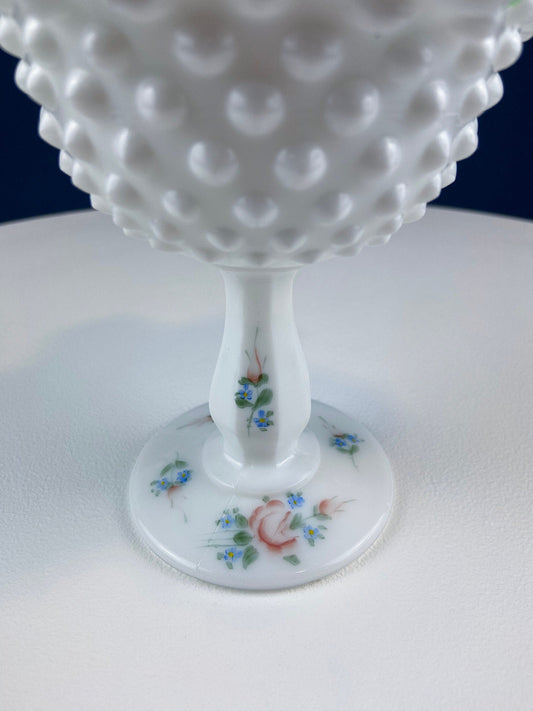 Fenton Handpainted Milk Glass Compote. White, Footed, Hobnail Bowl with Ruffled Rim and Pastel Flowers. Wedding Gift. Modern Farmhouse.