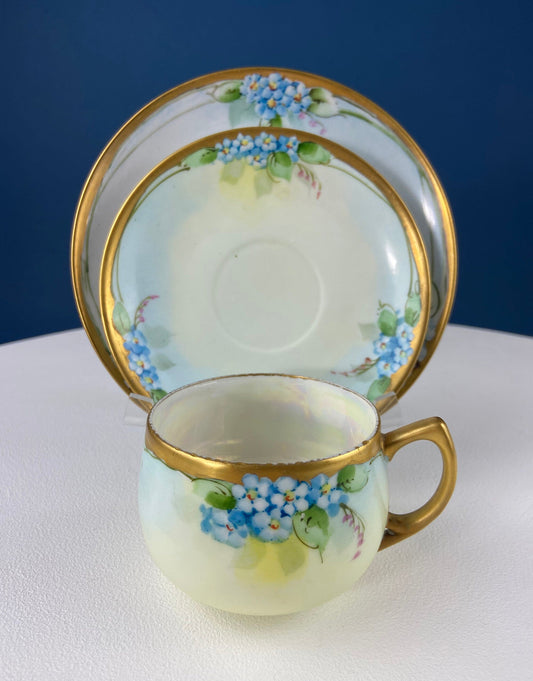 Antique Nippon Cup & Saucer Trio with Forget-Me-Not Motif. Hand Painted Porcelain. Collectible Porcelain. Luxury Living.