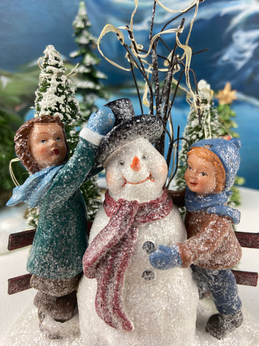 Christmas Village Accessories. Dressed Christmas Trees by Nikko, Korea. Girl Figurine by Lefton. Set of Two Trees and Little Girl.