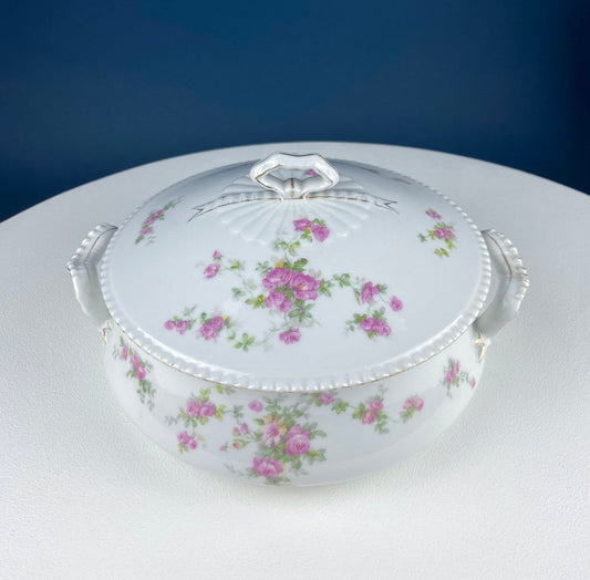 Antique Porcelain Tureen with Delicate Pink Roses. Bow Like Handles. Soup Serving Dish. Holiday Family Dining. Fine Table Setting.