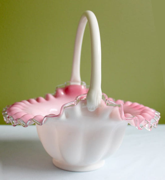 Crystal Basket / Pink Crest and Silvercrest Bowl with Handle. Ruffled Scalloped Rim. Gift for Her.