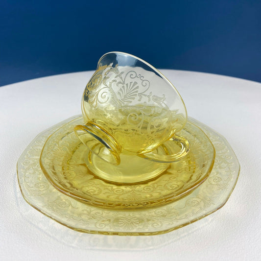 Vintage Topaz Fostoria Tea Set Trio. Versaille Pattern Cup, Saucer, and 7.5" Dessert/Salad Plate. Fine Table Glassware. Gold Table Decor.
