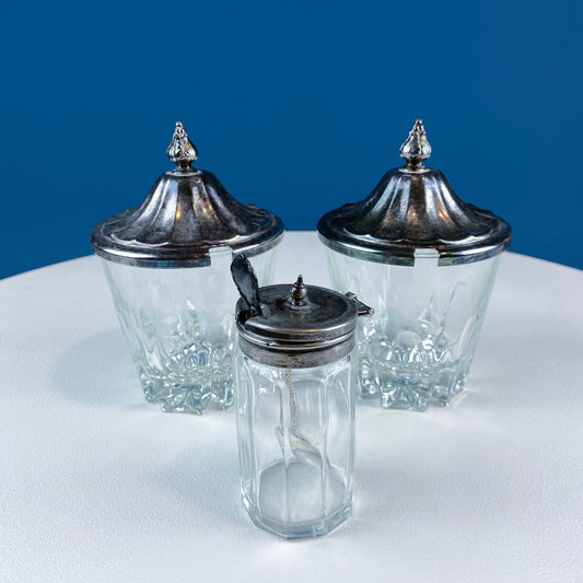 Vintage Collection of Clear Glass Jars with Silver Plated Covers. Relish, Jam, Preserves Serving Dishes with Lids. Set of 3. Table Decor.